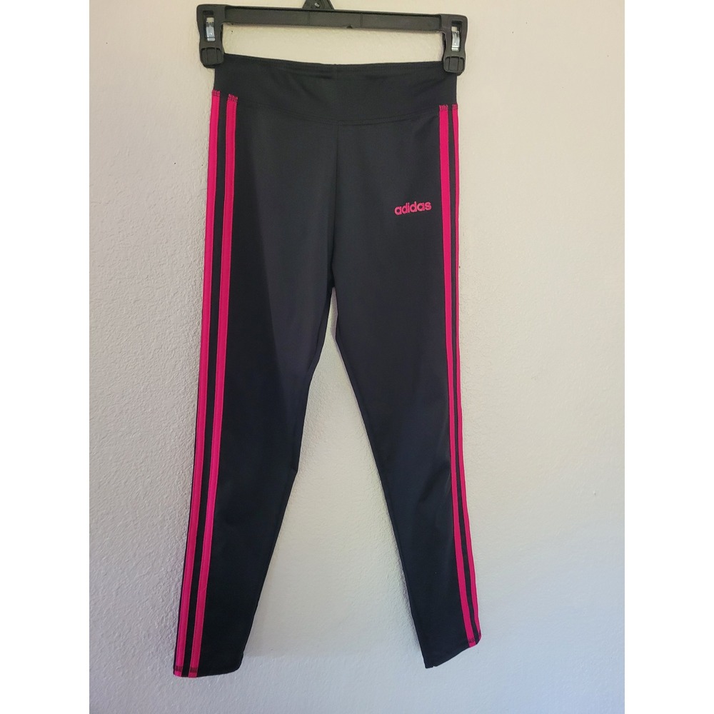 Adidas Girls Black Pink Striped Performance Leggings Size M 10-12 Activewear #3